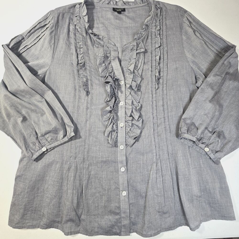 Talbots Womens Blue Ruffle V-Neck Blouse Vertical Pleats Top Size 16